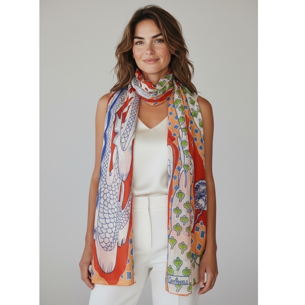 Sant'Angelo Vintage Cotton Scarf Dragon Koi Fish Print Orange Blue 14x36.5